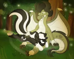 Size: 2500x2000 | Tagged: safe, artist:euspuche, derpibooru import, oc, oc:kindling the dragon, oc:zenawa skunkpony, dragon, earth pony, hybrid, pony, skunk, skunk pony, claws, cuddling, dragon oc, earth pony oc, eyes closed, fangs, forest, gay, head on lap, image, interspecies, lidded eyes, looking at each other, looking at someone, love, lying down, male, males only, non-pony oc, outdoors, paws, petting, png, prone, raised tail, romance, romantic, shipping, sitting, smiling, smiling at each other, snuggling, spread wings, stallion, tail, tree, underhoof, wings