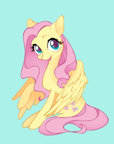 Size: 852x1081 | Tagged: safe, artist:utaaydote1, derpibooru import, fluttershy, pegasus, pony, blue background, female, image, jpeg, mare, open mouth, open smile, simple background, sitting, smiling, solo