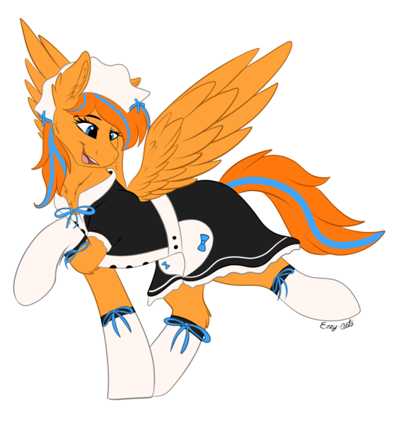 Size: 1632x1737 | Tagged: safe, artist:monsoonvisionz, derpibooru import, oc, oc:cold front, unofficial characters only, pegasus, pony, clothes, crossdressing, ear fluff, hat, image, maid, open mouth, open smile, png, smiling, socks, solo, spread wings, wings