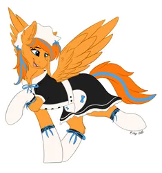 Size: 1632x1737 | Tagged: safe, artist:monsoonvisionz, derpibooru import, oc, oc:cold front, unofficial characters only, pegasus, pony, clothes, crossdressing, ear fluff, hat, image, maid, open mouth, open smile, png, smiling, socks, solo, spread wings, wings