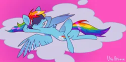 Size: 1738x864 | Tagged: safe, artist:utaaydote1, derpibooru import, rainbow dash, pegasus, pony, cloud, crossed legs, female, hooves behind head, image, jpeg, lying down, lying on a cloud, mare, on a cloud, pink background, signature, simple background, sleep mask, sleeping, solo, spread wings, wings