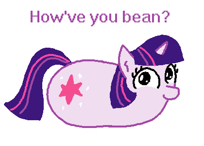 Size: 420x300 | Tagged: safe, artist:purblehoers, derpibooru import, twilight sparkle, pony, unicorn, bean, bean pony, female, image, looking at you, mare, ms paint, png, pun, question, simple background, smiling, solo, text, unicorn twilight, white background