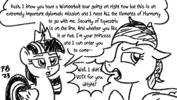 Size: 1200x675 | Tagged: safe, artist:pony-berserker, derpibooru import, rainbow dash, twilight sparkle, twilight sparkle (alicorn), alicorn, pegasus, pony, argument, black and white, democracy, duo, female, grayscale, image, mare, monochrome, png, pony-berserker's twitter sketches, pony-berserker's twitter sketches (2023), princess, simple background, speech bubble, white background