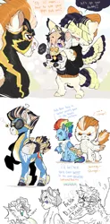 Size: 827x1686 | Tagged: safe, artist:dingobreath, fire streak, rainbow dash, songbird serenade, oc, oc:firefly, oc:honeydew raindrop, oc:stinger, oc:stinger bee, changedling, changeling, hybrid, pegasus, pony, my little pony: the movie, alternate design, baby, baby pony, bow, clothes, coat markings, colored wings, father and child, father and son, female, hair bow, image, interspecies offspring, jpeg, magical gay spawn, magical lesbian spawn, male, mare, mother and child, mother and son, multicolored wings, next generation, offspring, parent:applejack, parent:derpy hooves, parent:fire streak, parent:fluttershy, parent:rainbow dash, parent:songbird serenade, parent:spike, parent:thorax, parents:appleshy, parents:derpydash, parents:songbirdstreak, parents:thoraxspike, simple background, speech, spread wings, stallion, standing on two hooves, talking, tongue out, uniform, washouts uniform, white background, wings, wonderbolts uniform