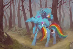 Size: 1128x768 | Tagged: safe, derpibooru import, machine learning generated, stable diffusion, rainbow dash, pony, ai content, angel, biblically accurate angels, body horror, creepy, eldritch abomination, forest, horror, image, png, prompter:lateempire, tree, wings