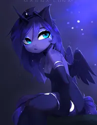 Size: 2430x3133 | Tagged: safe, artist:magnaluna, derpibooru import, princess luna, alicorn, anthro, abstract background, breasts, cleavage, clothes, crown, dress, female, horn, image, jewelry, png, regalia, sitting, solo, wings
