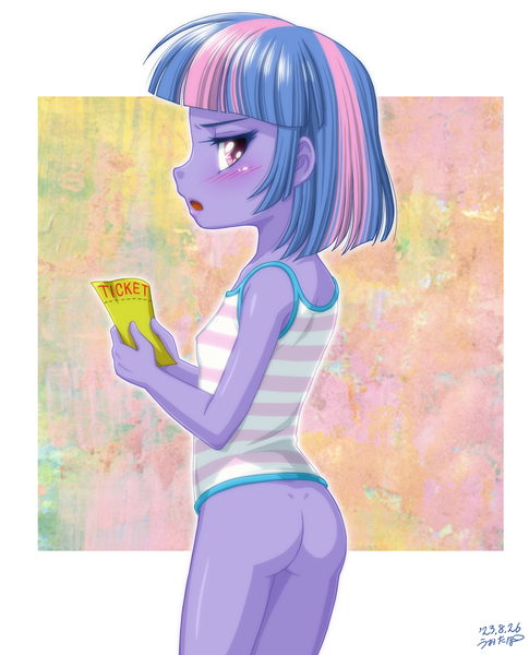 Size: 2378x2940 | Tagged: questionable, artist:uotapo, banned from derpibooru, wind sprint, equestria girls, almost nude, blushing, bottomless, butt, child, clothes, female, image, lolicon, looking at you, partial nudity, png, shirt, t-shirt, ticket, underage