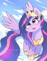 Size: 1726x2264 | Tagged: safe, artist:leo19969525, derpibooru import, princess twilight 2.0, twilight sparkle, twilight sparkle (alicorn), alicorn, pony, the last problem, crown, cute, ethereal mane, ethereal tail, eye clipping through hair, female, flying, hoof shoes, horn, image, jewelry, jpeg, long mane, long tail, mare, older, older twilight, open mouth, peytral, princess shoes, regalia, sky, solo, spread wings, starry mane, starry tail, tail, wings