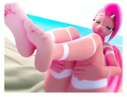 Size: 3496x2656 | Tagged: suggestive, artist:darla, artist:fallenponiesproduction, derpibooru import, ponerpics import, oc, unofficial characters only, anthro, 3d, barefoot, beach, bedroom eyes, breasts, feet, female, fetish, foot fetish, foot focus, image, lidded eyes, looking at you, lying down, not pinkamena, nudity, ocean, png, sand, sky, smiling, smiling at you, soles, solo, toes, water