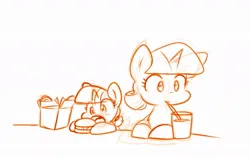 Size: 1082x692 | Tagged: safe, artist:zutcha, derpibooru import, twilight sparkle, twilight velvet, pony, unicorn, burger, drink, drinking, drinking straw, eating, female, filly, filly twilight sparkle, foal, food, image, jpeg, mare, mcdonald's, monochrome, mother and child, mother and daughter, simple background, twilight burgkle, white background, younger