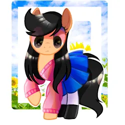 Size: 815x815 | Tagged: safe, artist:diniarvegafinahar, derpibooru import, oc, oc:firaagusti, unofficial characters only, earth pony, human, pegasus, pony, black eye, clothes, flower, gift art, image, looking down, pants, png, raised hoof, shoes, shy, skirt, sunflower