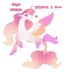 Size: 1948x2038 | Tagged: safe, artist:arodovecaidwa, derpibooru import, oc, oc:siren sunrise, unofficial characters only, alicorn, hybrid, seapony (g4), image, interspecies offspring, magical lesbian spawn, mlp : true colors, next generation, offspring, parent:princess celestia, parent:queen novo, parents:novolestia, png