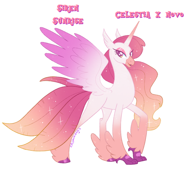 Size: 1767x1668 | Tagged: safe, artist:arodovecaidwa, derpibooru import, oc, oc:siren sunrise, unofficial characters only, alicorn, classical hippogriff, hippogriff, hybrid, alternate design, ethereal mane, image, interspecies offspring, magical lesbian spawn, mlp : true colors, next generation, offspring, parent:princess celestia, parent:queen novo, parents:novolestia, png, starry mane