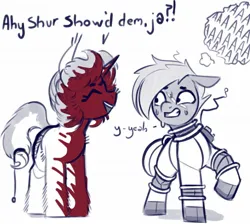 Size: 1385x1240 | Tagged: semi-grimdark, artist:shouldbedrawing, derpibooru import, oc, unofficial characters only, earth pony, pony, unicorn, blood, dialogue, duo, facial scar, female, image, internal screaming, jpeg, mare, monochrome, nervous sweat, open mouth, open smile, partial color, scar, simple background, smiling, sweat, thought bubble, white background