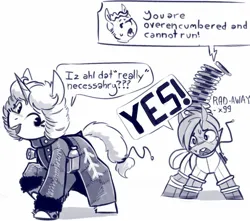 Size: 1438x1272 | Tagged: safe, artist:shouldbedrawing, derpibooru import, oc, unofficial characters only, earth pony, pony, unicorn, clothes, coat, dialogue, duo, facial scar, female, image, jpeg, mare, monochrome, overencumbered, rad away, scar, simple background, spacesuit, speech bubble, sweat, white background