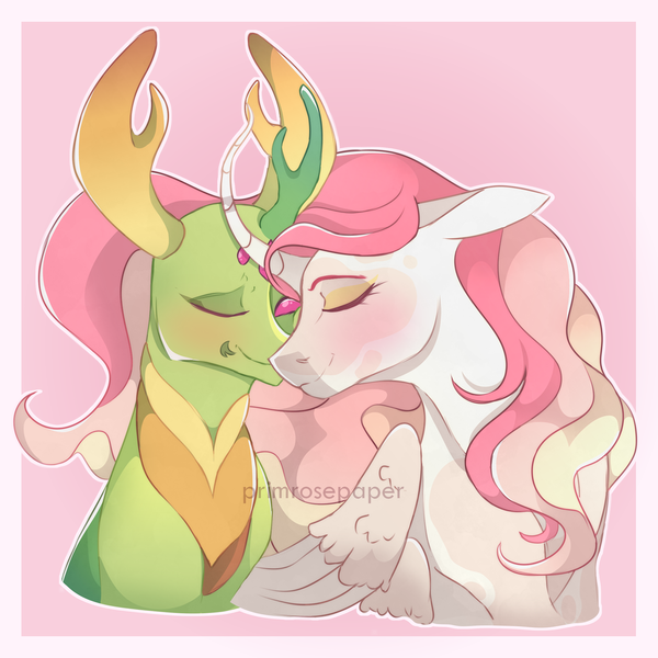 Size: 1280x1280 | Tagged: safe, artist:primrosepaper, derpibooru import, princess celestia, thorax, alicorn, changedling, changeling, pony, blushing, border, curved horn, eyes closed, female, floppy ears, horn, image, king thorax, male, nuzzling, pink background, png, shipping, simple background, straight, thoralestia, watermark