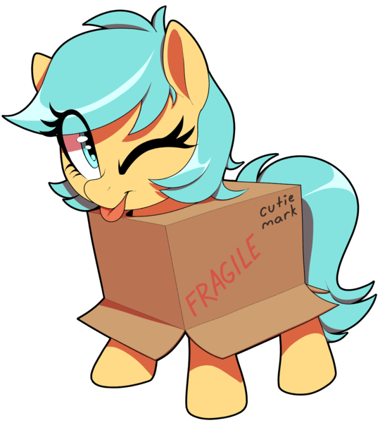 Size: 1800x2000 | Tagged: safe, artist:thebatfang, ponerpics import, oc, oc:boxfilly, pegasus, pony, box, cute, female, filly, image, looking at you, one eye closed, png, simple background, solo, tongue out, transparent background, wink, winking at you