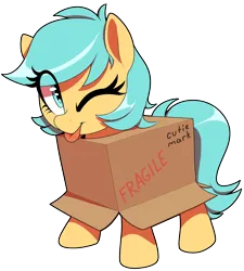 Size: 1800x2000 | Tagged: safe, artist:thebatfang, ponerpics import, oc, oc:boxfilly, pegasus, pony, box, cute, female, filly, image, looking at you, one eye closed, png, simple background, solo, tongue out, transparent background, wink, winking at you