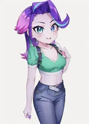 Size: 460x640 | Tagged: safe, artist:rainbowstarcolour262, derpibooru import, editor:ah96, machine learning generated, stable diffusion, starlight glimmer, human, equestria girls, :d, ai content, anime, belly button, blushing, breasts, busty starlight glimmer, cleavage, clothes, cute, denim, female, generator:imgcreator, glimmerbetes, image, jeans, open mouth, open smile, pants, png, shirt, simple background, smiling, solo, white background