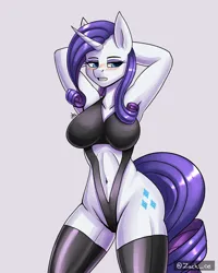 Size: 1400x1750 | Tagged: suggestive, artist:zachc, derpibooru import, rarity, anthro, unicorn, arm behind head, belly button, blushing, breasts, busty rarity, clothes, female, image, png, socks, solo, thigh highs