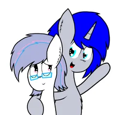 Size: 1080x1013 | Tagged: safe, artist:thunderrainbowshadow, derpibooru import, oc, oc:flower, oc:silver bell, unofficial characters only, earth pony, pony, unicorn, best friends, duo, duo male, glasses, hug, image, male, png, shy, simple background, smiling, stallion, traditional art, white background