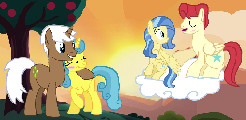 Size: 2510x1230 | Tagged: safe, artist:starryc94, derpibooru import, cool star, lemon hearts, mochaccino, rare find, starburst (character), sunshower, pegasus, pony, unicorn, base used, cloud, female, group, image, male, mare, png, shipping, stallion, straight, sunset