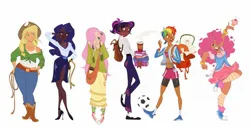 Size: 2048x1058 | Tagged: safe, artist:amarise_psd, derpibooru import, applejack, fluttershy, pinkie pie, rainbow dash, rarity, twilight sparkle, human, arm behind head, backpack, basketball, blackwashing, book, boots, bracelet, clothes, coffee cup, cowboy boots, cup, cupcake, dark skin, denim, earbuds, female, food, football, glasses, hair over one eye, hand on hip, high heels, humanized, image, jeans, jewelry, jpeg, kneesocks, lasso, light skin, mane six, measuring tape, midriff, moderate dark skin, off shoulder, pants, rope, satchel, shoes, simple background, skirt, sneakers, socks, sports, straw in mouth, striped socks, tan skin, white background
