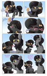 Size: 3840x6179 | Tagged: suggestive, artist:madelinne, derpibooru import, human, pony, unicorn, blank flank, blushing, bow, burp, comic, drool, female, female prey, filly, filly pred, foal, hair bow, head pat, human female, image, licking, mare, mother and child, mother and daughter, pat, png, scared, tasting, tongue out, trio, vore
