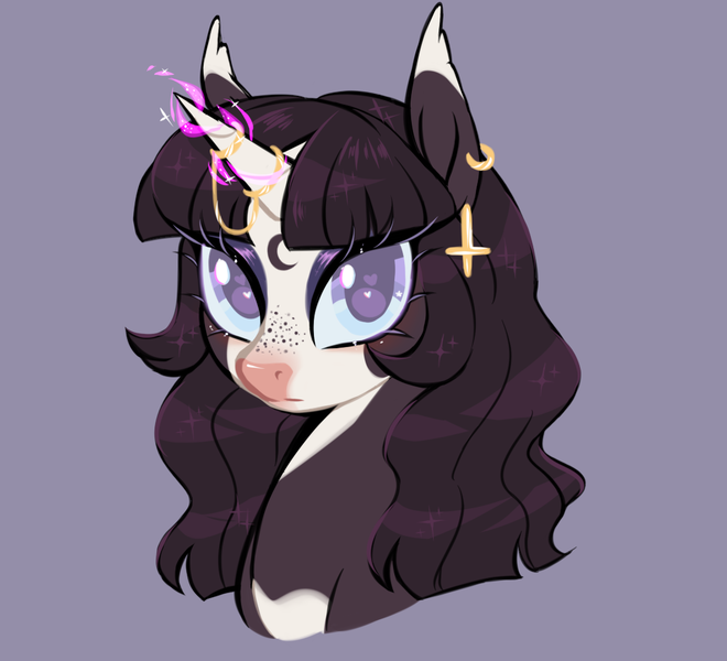 Size: 1100x1000 | Tagged: safe, artist:frowoppy, derpibooru import, oc, pony, unicorn, bust, ear piercing, earring, female, horn, horn jewelry, image, jewelry, mare, piercing, png, portrait, solo