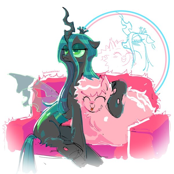 Size: 1820x1820 | Tagged: safe, artist:beehunterkisser, derpibooru import, queen chrysalis, oc, oc:fluffle puff, changeling, changeling queen, earth pony, original species, pony, canon x oc, chrysipuff, couch, duo, eyes closed, female, fluffy, hoof around neck, image, jpeg, lesbian, mare, shipping, simple background, sitting, white background