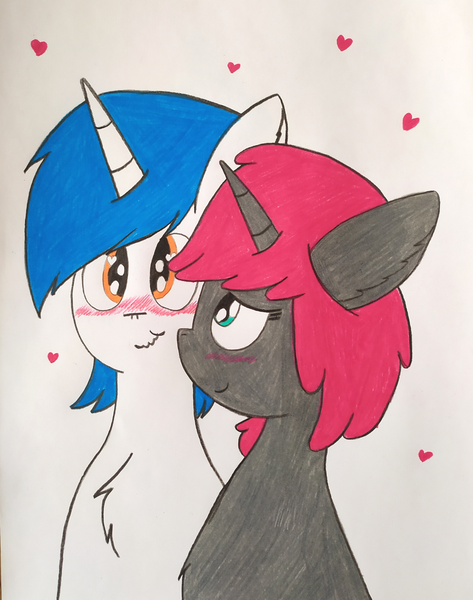 Size: 2590x3282 | Tagged: safe, artist:thunderrainbowshadow, derpibooru import, oc, oc:kolbe, oc:ruby, unofficial characters only, pony, unicorn, blushing, duo, duo male and female, female, image, male, mare, png, shipping, simple background, stallion, straight, traditional art, white background