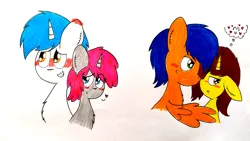 Size: 3885x2191 | Tagged: safe, artist:thunderrainbowshadow, derpibooru import, oc, oc:kolbe, oc:rain, oc:ruby, oc:sunny, unofficial characters only, pegasus, pony, unicorn, blushing, female, group, image, male, mare, png, shipping, simple background, stallion, straight, traditional art, white background