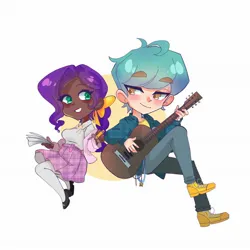 Size: 2048x2048 | Tagged: safe, artist:_cosmic_bees_, derpibooru import, hitch trailblazer, pipp petals, human, g5, dark skin, duo, duo male and female, eyebrows, eyebrows visible through hair, female, grin, guitar, hitchpipp, humanized, image, jpeg, light skin, looking at each other, looking at someone, male, musical instrument, shipping, simple background, smiling, smiling at each other, straight, white background