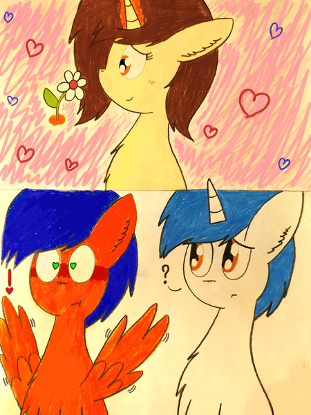 Size: 3000x4000 | Tagged: safe, artist:thunderrainbowshadow, derpibooru import, oc, oc:kolbe, oc:rain, oc:sunny, pegasus, pony, unicorn, blushing, female, flower, image, male, mare, png, shipping, simple background, stallion, straight, traditional art, trio, white background