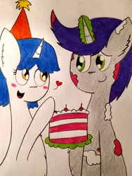 Size: 3000x4000 | Tagged: safe, artist:thunderrainbowshadow, derpibooru import, written script, oc, oc:misty hope, pony, unicorn, birthday, birthday cake, blushing, cake, canon x oc, duo, duo male and female, female, food, image, male, mare, png, shipping, simple background, stallion, straight, traditional art, white background