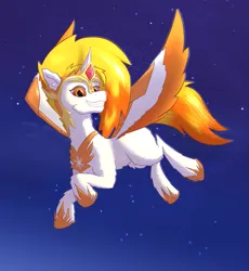 Size: 827x898 | Tagged: safe, artist:gosha305, derpibooru import, daybreaker, pegasus, pony, g5, accessory swap, armor, background pony, cheek fluff, clothes, costume, ear fluff, fake horn, flare (g5), flying, full body, image, jewelry, multicolored hair, night, night sky, nightmare night costume, png, regalia, sky, sky background, smiling, solo, spread wings, teeth, wings