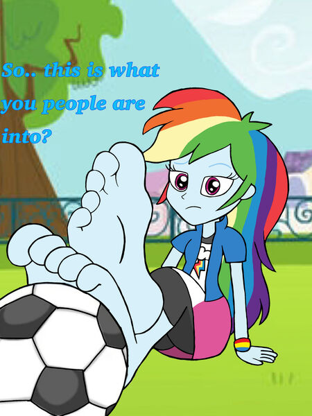 Size: 1280x1707 | Tagged: safe, artist:zeekthatgeek, derpibooru import, rainbow dash, human, equestria girls, barefoot, clothes, crossed legs, feet, female, fetish, foot fetish, foot focus, football, image, jpeg, soles, solo, solo female, speech, sports, talking, toes, unamused