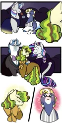 Size: 1063x2125 | Tagged: safe, artist:lieutenantcactus, derpibooru import, fancypants, pistachio, rarity, star tracker, twilight velvet, earth pony, pony, unicorn, adopted offspring, fell in love, female, gay, group, image, male, mare, png, stallion, teenager