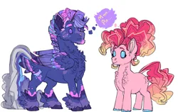 Size: 1126x710 | Tagged: safe, artist:dingobreath, pinkie pie, oc, oc:triple turbo grande sundae, earth pony, pegasus, pony, alternate design, alternate hairstyle, butt feathers, chest fluff, coat markings, colored hooves, colored wings, facial hair, feathered fetlocks, female, folded wings, gradient mane, height difference, image, jpeg, magical lesbian spawn, male, mare, mother and child, mother and son, multicolored wings, offspring, parent:pinkie pie, parent:rainbow dash, parents:pinkiedash, simple background, stallion, standing, thought bubble, white background, wings