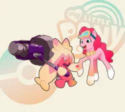 Size: 2237x2000 | Tagged: safe, artist:pascal571, derpibooru import, pinkie pie, earth pony, pony, beige background, clothes, duo, female, goggles, goggles on head, hammer, image, jpeg, mare, my little pony logo, open mouth, open smile, pokémon, scarf, simple background, smiling, striped scarf