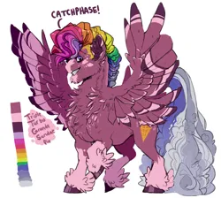 Size: 945x846 | Tagged: safe, artist:dingobreath, oc, oc:triple turbo grande sundae, unofficial characters only, pegasus, pony, alternate design, coat markings, colored hooves, feathered fetlocks, image, jpeg, magical lesbian spawn, male, multicolored hair, next generation, offspring, parent:pinkie pie, parent:rainbow dash, parents:pinkiedash, rainbow hair, reference, simple background, socks (coat marking), solo, stallion, twitterina design, white background, wings