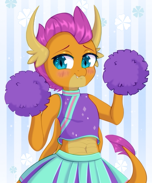 Size: 2500x3000 | Tagged: safe, artist:etoz, derpibooru import, smolder, dragon, abstract background, belly, belly button, blushing, cheerleader, cheerleader outfit, cheerleader smolder, clothes, cute, dragoness, eyebrows, eyebrows down, fangs, female, happy, horns, image, looking away, pleated skirt, png, pom pom, shy, skirt, smiling, smolderbetes, solo, tail, wings