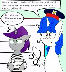 Size: 995x1080 | Tagged: safe, artist:thunderrainbowshadow, derpibooru import, written script, oc, oc:misty hope, pony, unicorn, canon x oc, clothes, duo, duo male and female, female, image, male, mare, mugshot, png, police uniform, shipping, stallion, straight, traditional art