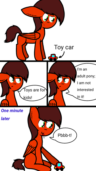 Size: 720x1280 | Tagged: safe, artist:thunderrainbowshadow, derpibooru import, oc, oc:midnight, unofficial characters only, pegasus, pony, image, male, png, simple background, solo, stallion, toy car, traditional art, white background