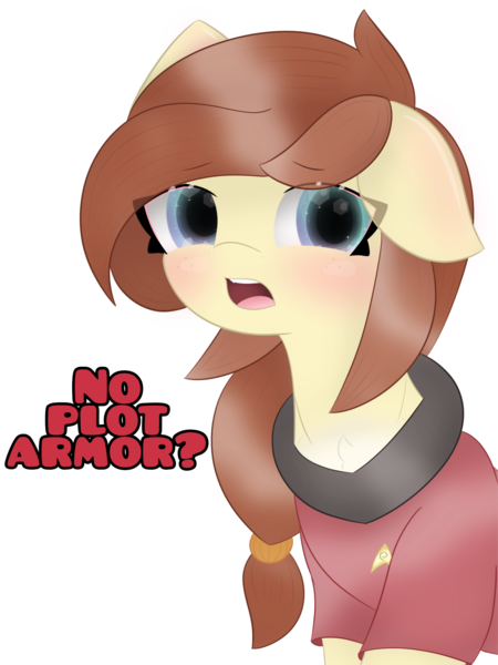 Size: 1870x2493 | Tagged: safe, artist:sodapop sprays, derpibooru import, oc, oc:redshirt, pony, cute, eye clipping through hair, female, image, mare, png, red shirt, star trek