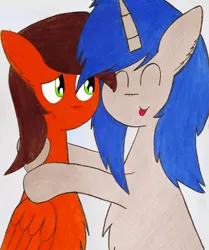 Size: 2379x2850 | Tagged: safe, artist:thunderrainbowshadow, derpibooru import, oc, oc:midnight, oc:silver bell, unofficial characters only, pegasus, pony, unicorn, best friends, duo, hug, image, male, png, simple background, stallion, tongue out, traditional art, white background