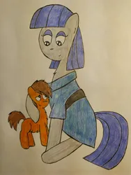 Size: 3000x4000 | Tagged: safe, artist:thunderrainbowshadow, derpibooru import, maud pie, oc, earth pony, pony, colt, duo, duo male and female, female, foal, hug, image, jpeg, male, mare, simple background, sitting, smiling, traditional art, when she smiles, white background