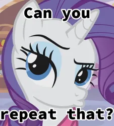 Size: 1170x1293 | Tagged: safe, derpibooru import, screencap, rarity, pony, unicorn, season 1, suited for success, caption, cropped, duckface, eyebrows, female, image, image macro, jpeg, looking at you, mare, meme, pouting, raised eyebrow, solo, text