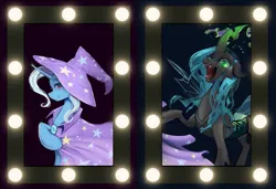 Size: 1081x739 | Tagged: safe, artist:laymy, derpibooru import, queen chrysalis, trixie, changeling, pony, unicorn, collaboration, collaboration:meet the best showpony, female, image, lookin, mare, png