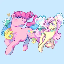 Size: 2048x2048 | Tagged: safe, artist:poniesart, derpibooru import, fluttershy, pinkie pie, earth pony, flutter pony, pony, g1, alternate design, alternate hairstyle, blue background, duo, g4, g4 to g1, generation leap, heart, image, long description, png, redesign, simple background